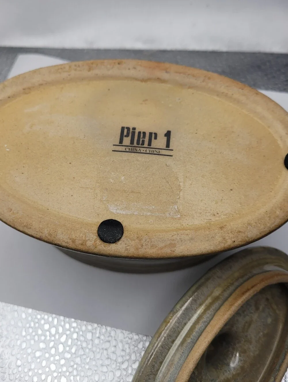 Pier 1 Trinket Decor Box Art Pottery Oval Sage Green Dish with Lid 5 3/4